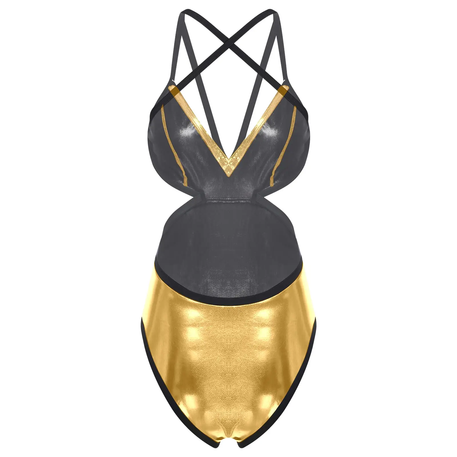 Women's Shiny Cross Straps Sleeveless Swimwear Swimsuit One Piece Backless Hollow Out Swim Jumpsuit Beachwear Bathing Suit
