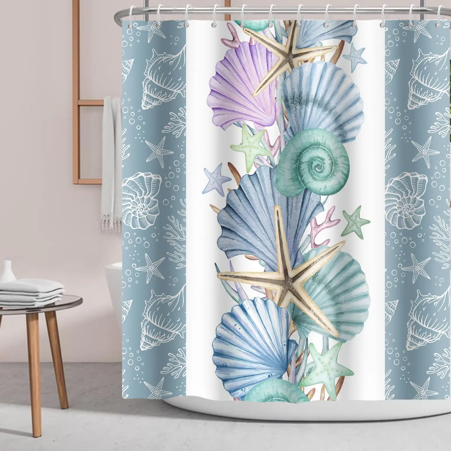 

Beach Ocean Coastal Shower Curtain Nautical Conch Starfish Seashell Coral Summer Tropical Teal Blue Fabric Shower Curtains