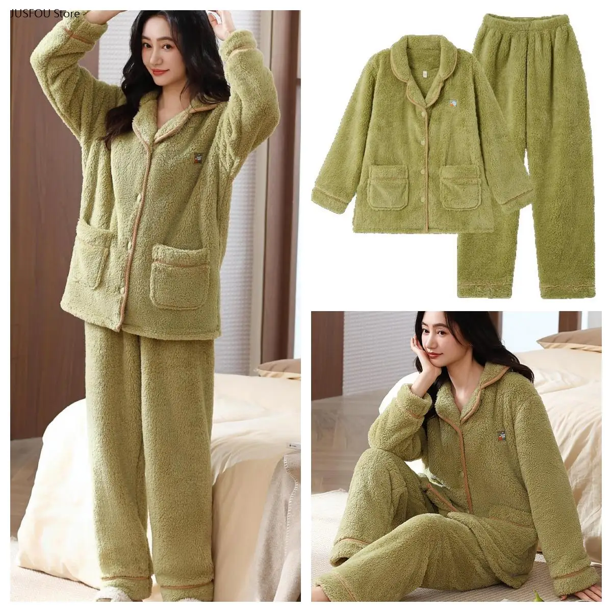 Green Women Autumn Winter Thick Coral Fleece 2Pcs Loungewear Set, Lapel Pocket Long Sleeve Top & Pants Soft Warm Sleep Pajamas