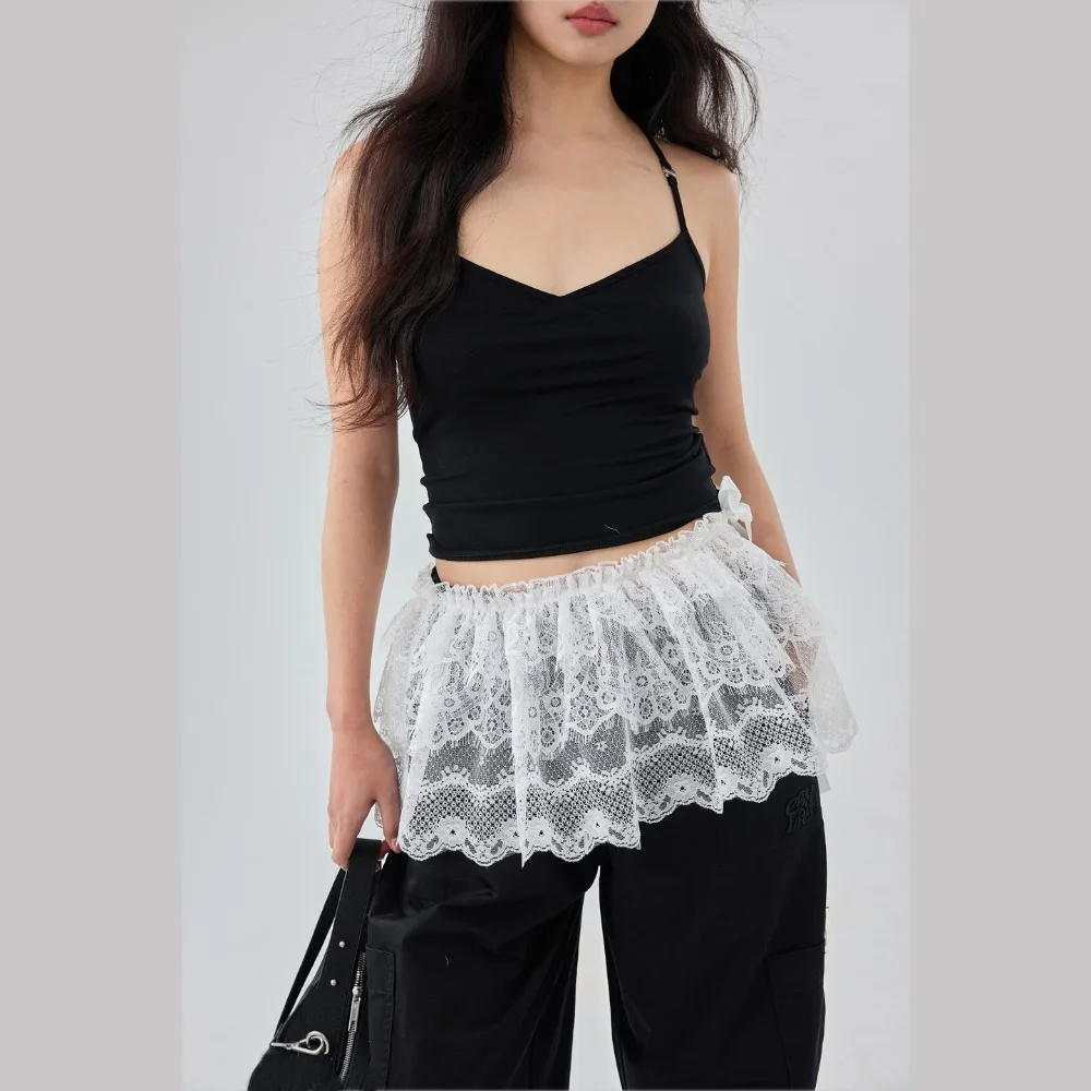 

Новая мини-юбка с вышивкой и кружевом в стиле Y2K, уличная мода Харадзюку, присборенная юбка с рюшами, прозрачная, на шнуровке, с декором из джинсовой ткани