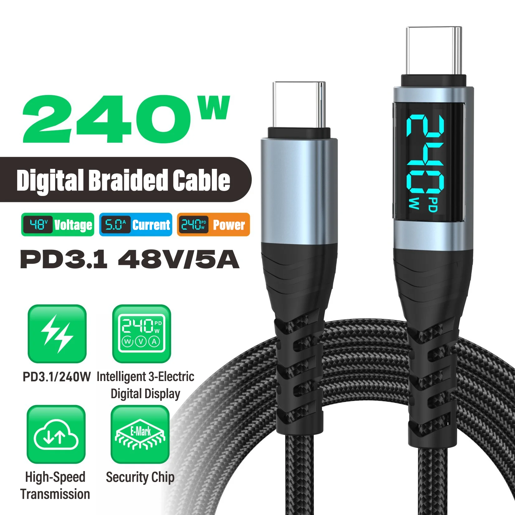 240W 5A E-mark Chip Digital Display USB C to Type C Super Charging Data Cable For Iphone 15 16 17 pro Samsung s24 Huawei Xiaomi