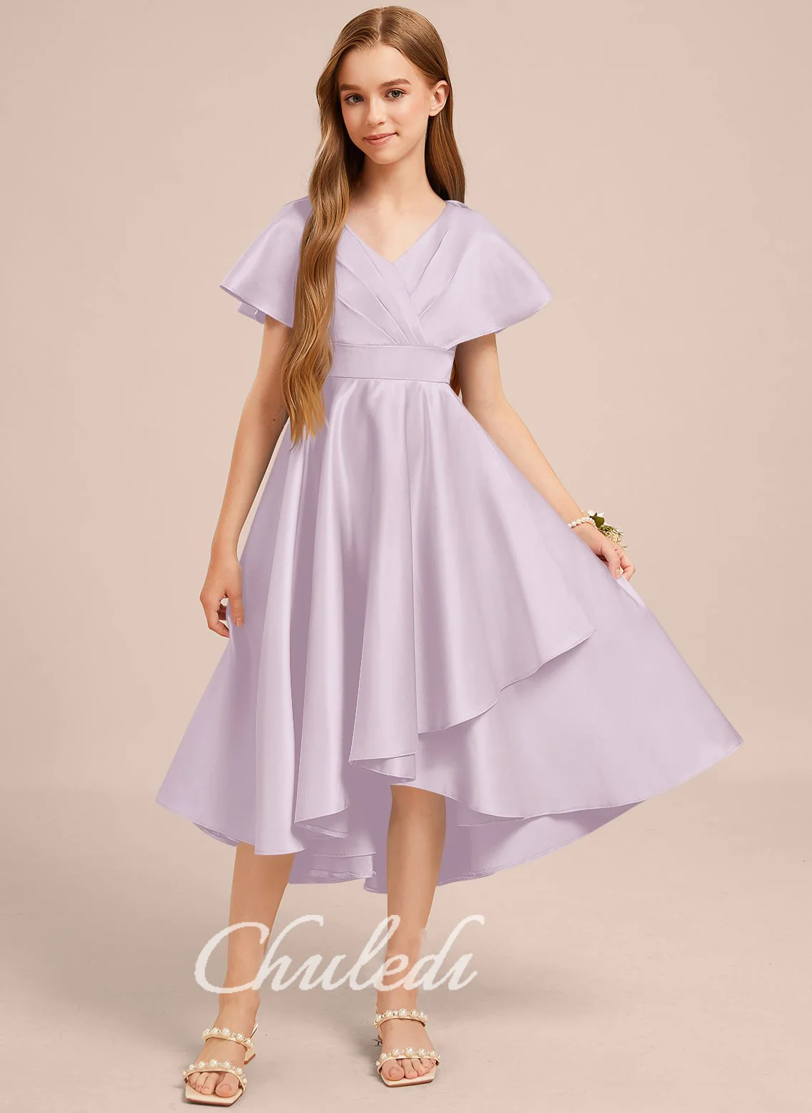 

A-line V-Neck Asymmetrical Satin Junior Bridesmaid Dress