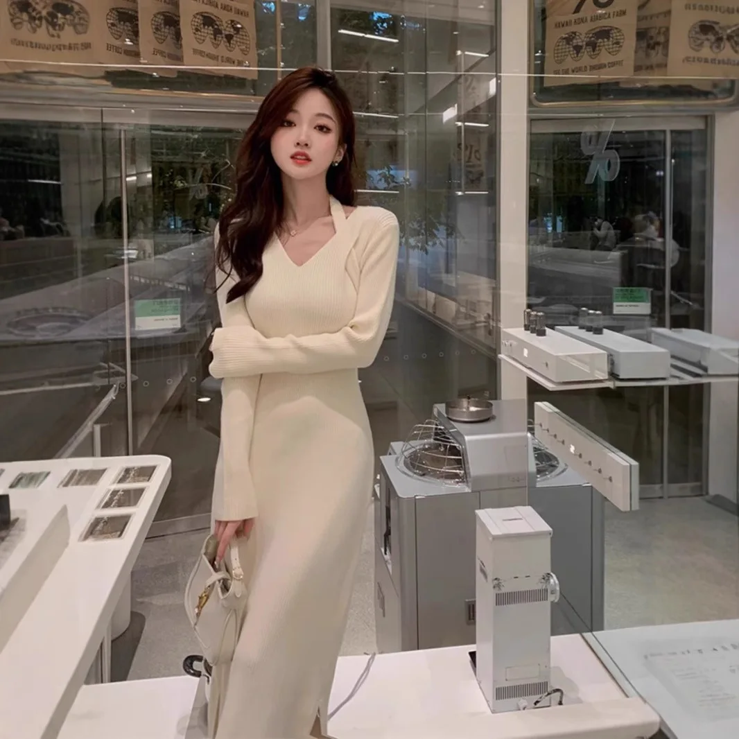 

Винтажное трикотажное платье-свитер с рюшами и длинными рукавами, черное, с V-образным вырезом, для женщин, весна-осень, шикарное, теплое, базовое платье