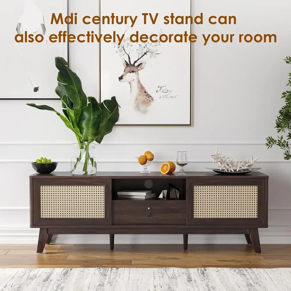 Modern TV Stand with 2 Cabinets, Bohemian Style Entertainment Center for Living Room