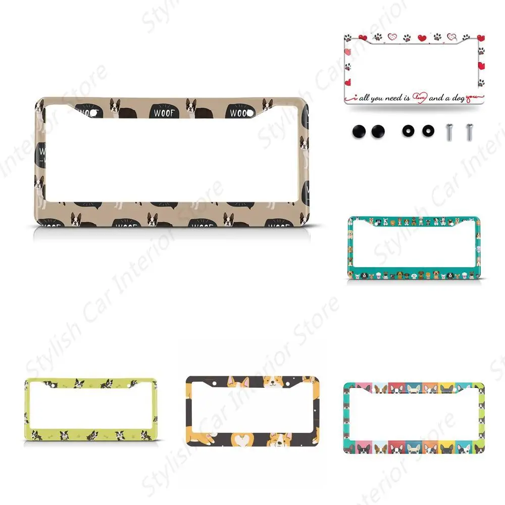 Dog Boston Terrier Pattern License Plate Frame Woof Animal Car Frames, License Plates Holder French Puppy License Plate Aluminum