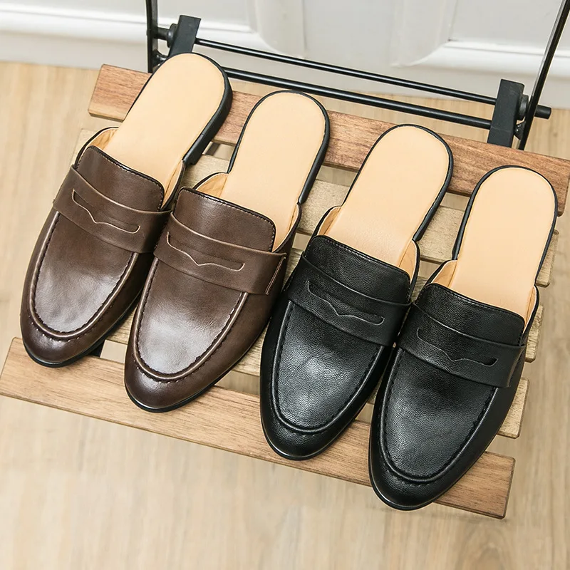 

Light Summer Mules Men Half Shoes For Man Slippers Leather Mens Casual Shoes Loafers Flip Flops Male Slides Flat Sandals