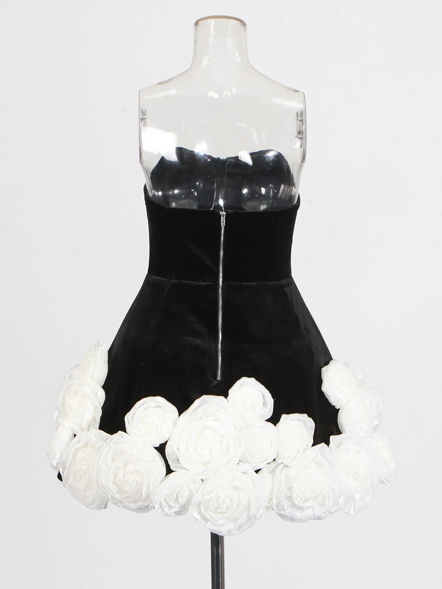 TWOTWINSTYLE Colorblock Spliced 3D Flower Luxurious Dresses for Women Strapless Sleeveless Patchwork Zipper Elegant Dress Female