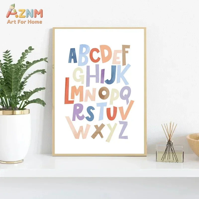 AZNM Soft Watercolor Alphabet ABC Letters Canvas Wall Art Pastel Color Educational Print Unframed Canvas Painting For Kids Room
