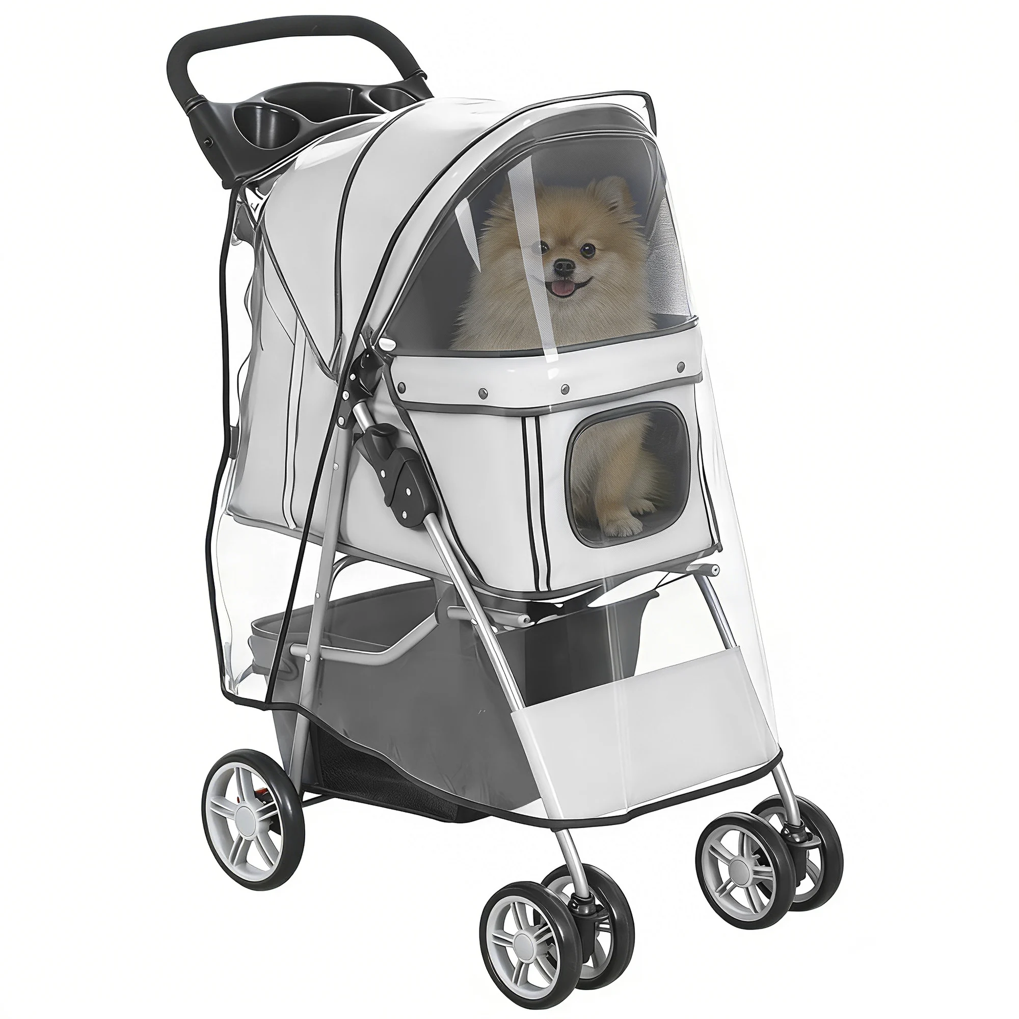 PawHut Poussette buggy pliable animaux chariot pliante chien chat porte-gobelet panier de rangement 75 x 45 x 97 cm gris