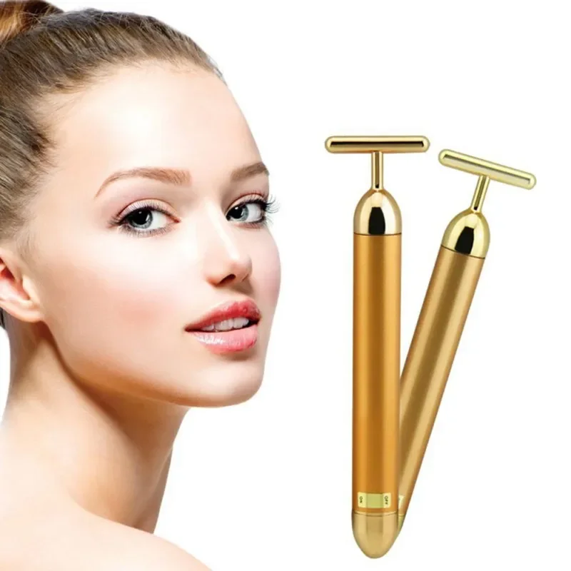 

T-Shape Facial Massager Vibrating Beauty Bar 24K Electric Face Slimming Rod Golden Stick Tightening Skin Electric Massage Roller