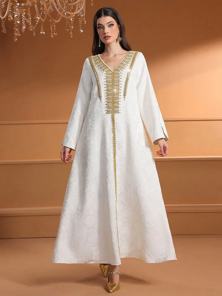 

Fashion Women Beading V-Neck Maxi Dress Muslim Party Evening Dresses Abaya Dubai Kaftan Turkey Robe Caftan Marocain Femme Gown