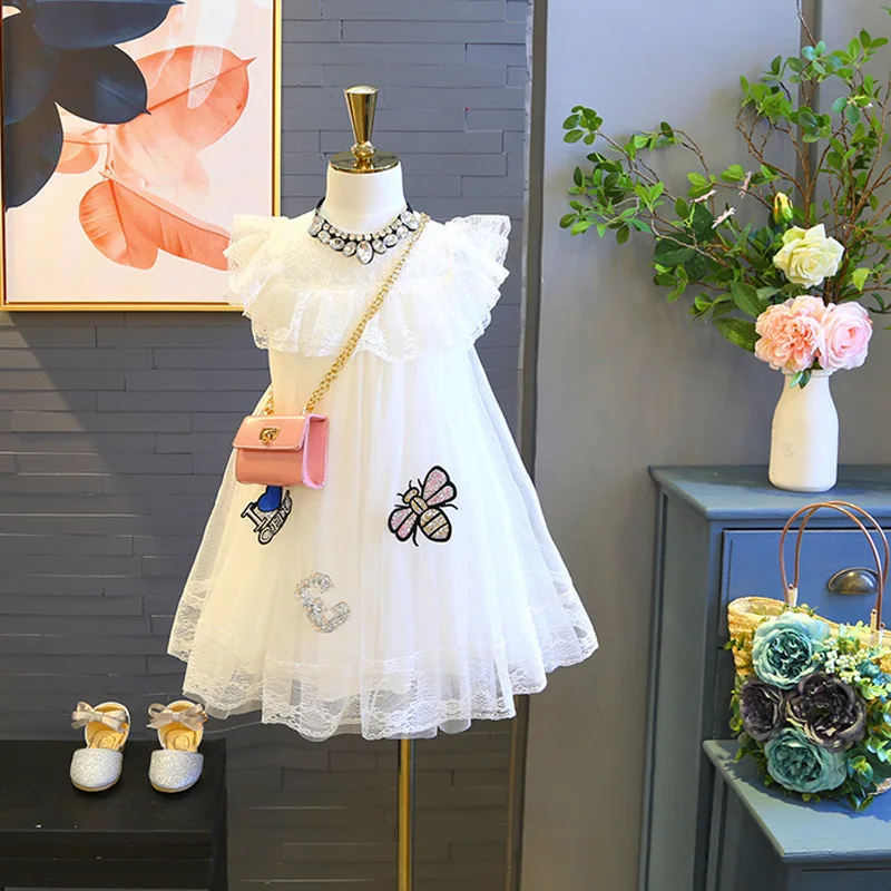 Girls' Dress Little Bee Breathable Mesh Dress Dress21Summer New Foreign Trade Children's Wear Delivery3-8Years Old