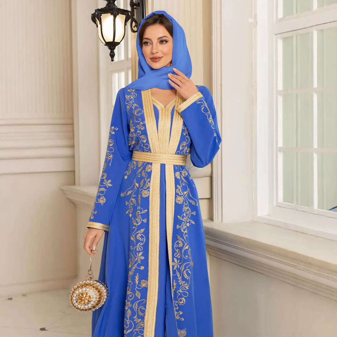 Traje de Vestir para Mujer, Eid Musulmán, Abaya, Vestidos de Fiesta, Conjunto de 2 Piezas, Cárdigan, Túnica, Jalabiya, Bordado, Ramadán, Dubái, Caftán, Vestidos