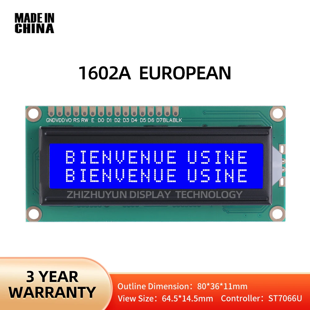 จอ LCD ยุโรป LCD1602A ฟิล์มสีฟ้าตัว16X2จุดเมทริกซ์หน้าจอ LCD ความสว่างสูงควบคุมหน้าจอ ST7066U