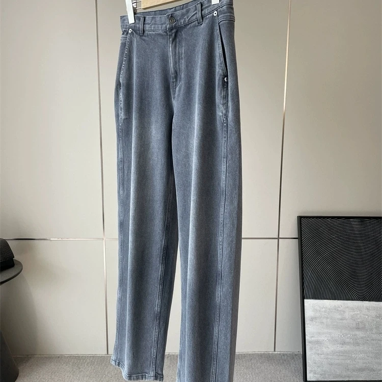 

Luxury Washed Cotton Straight Leg High Waist Jeans Side Seam Forward Ladies High Waist Straight Leg Jeans Spring 2026