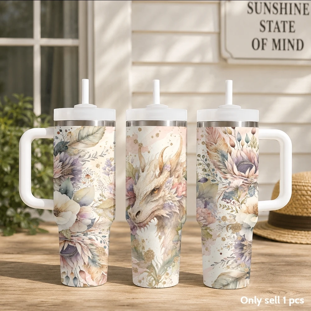 Flower Dragon Vacuum Flasks 40oz Stainless Steel Insulated Tumbler with Handle & Straw Leakproof Travel Mug