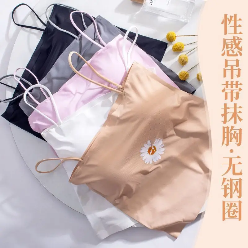 Ice Silk Tube Top Seamless Underwear Suspenders Vest Base Bra with Chest Pad Anti-Exposure Bra for Women