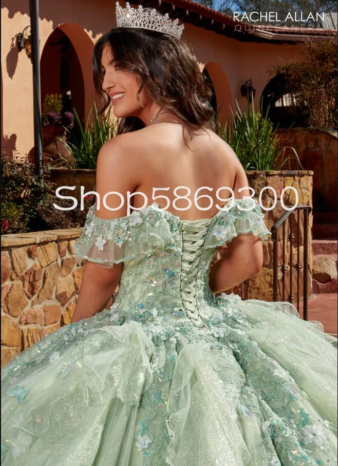 Personalizado hortelã verde glitter tule princesa quinceanera vestidos fora do ombro borboleta floral rendas baile de formatura vestido de 15 verde