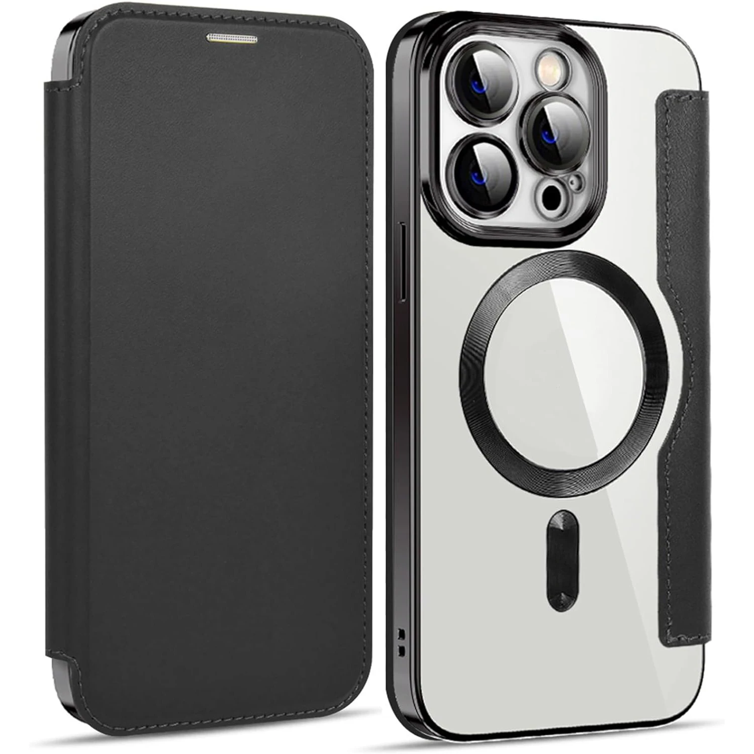 

Card Case for iPhone 15 Pro Max/15 Plus/15 Pro/15, Plating Leather Cover Transparent Back Magnetic Wireless Charging Case
