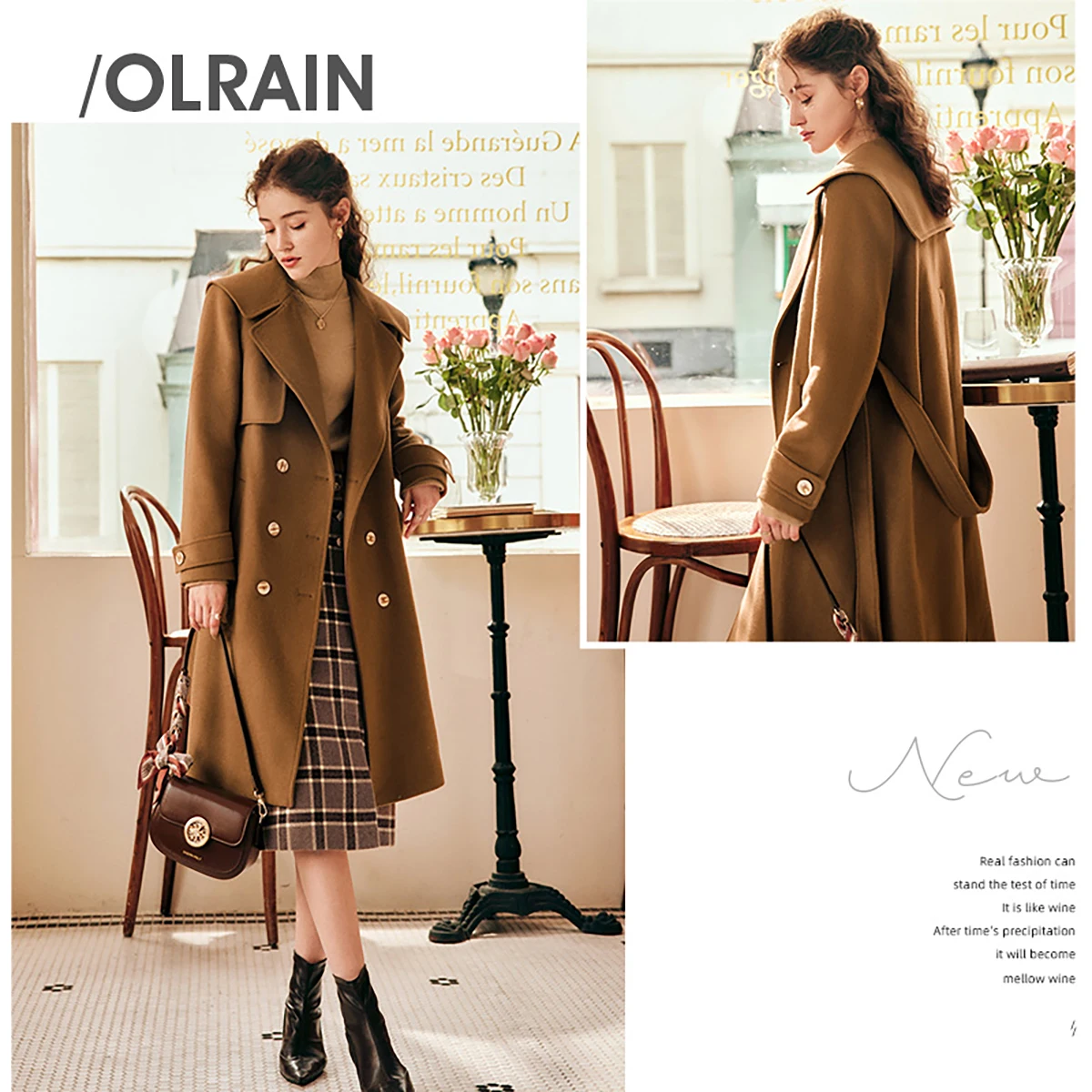 OLrain Women Winter Coats 2026 French Style Long Wool Blends Outerwear Vintage Sashes Loose Coffee Ladies Jackets O22QN65195