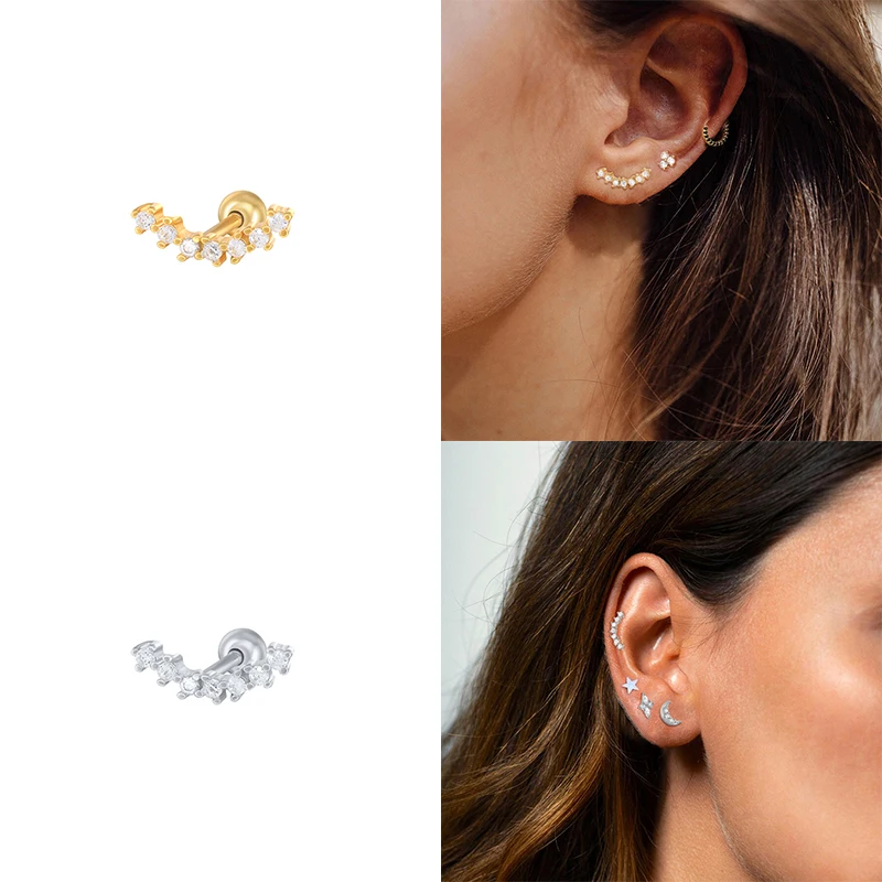 European and American 925 Sterling Silver Cute Zircon ear bone nail Mini Moon/Star Gold Silver color Piercing Jewelry