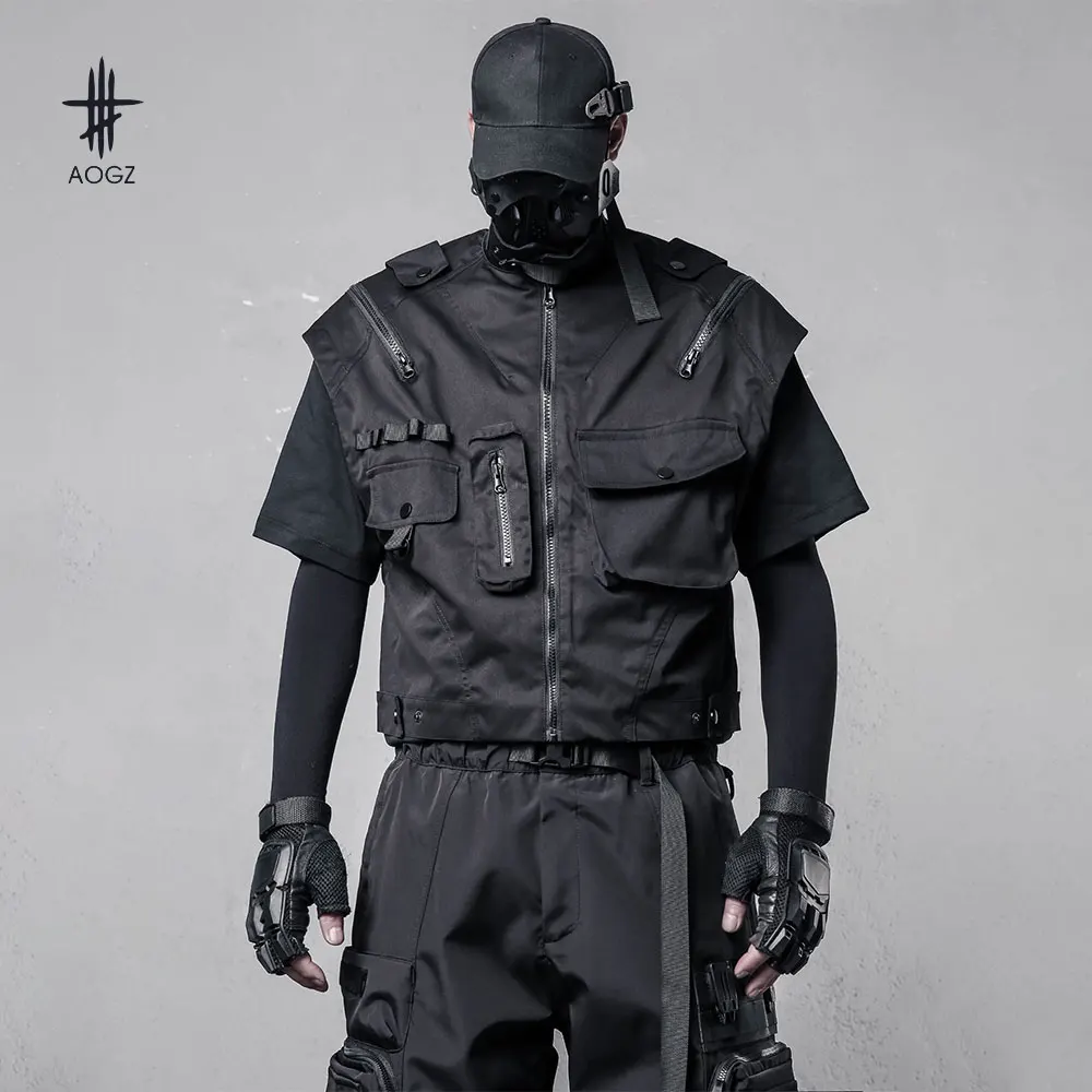 

AOGZ Harajuku Zipper Sleeveless Cargo Jacket Vest Men Functional Short Vest Techwear Casual Clothing Outwear Hip Hop Streetwear