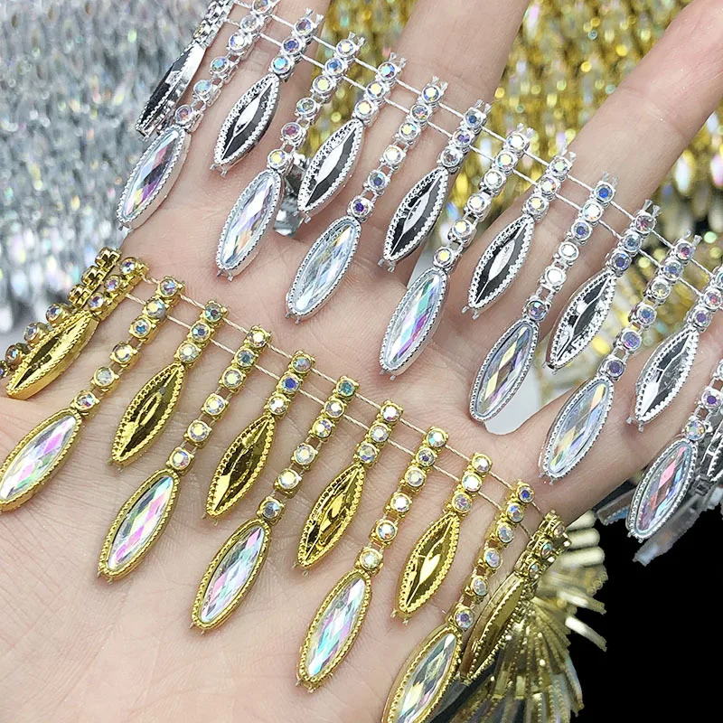 8 Yards 4cm Wide Teardrop Fringe Rhinestone Chain Gold/Silver Crystal Lace Trim Tassel Applique for Wedding Gown & DIY Projects