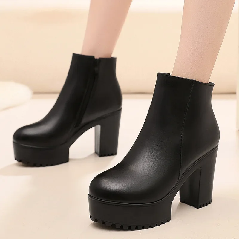 8cm 10cm Small Size 33-43 Thick Bottom Platform Shoes Ankle Boots with Fur 2024 Block High Heels Genuine Leather Boots Office