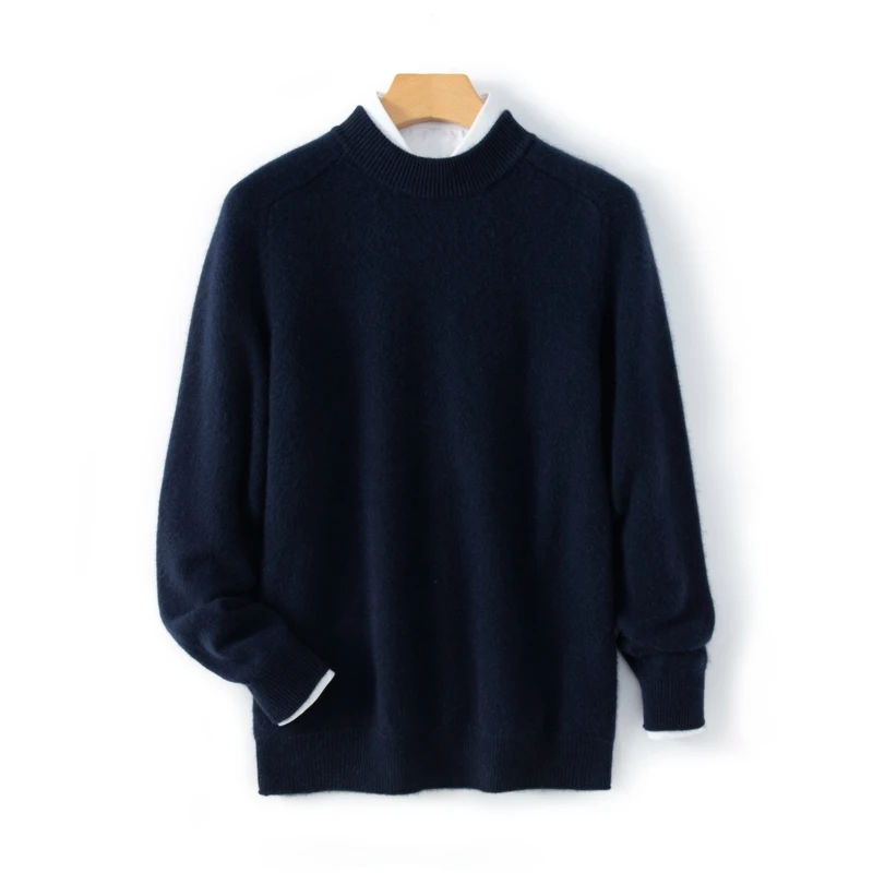 New 100% wool Sweater Men's Pullover Double Thick Business Casual Sweater Solid Color Plus Size Cashmere Bottoming Shirt Sweater