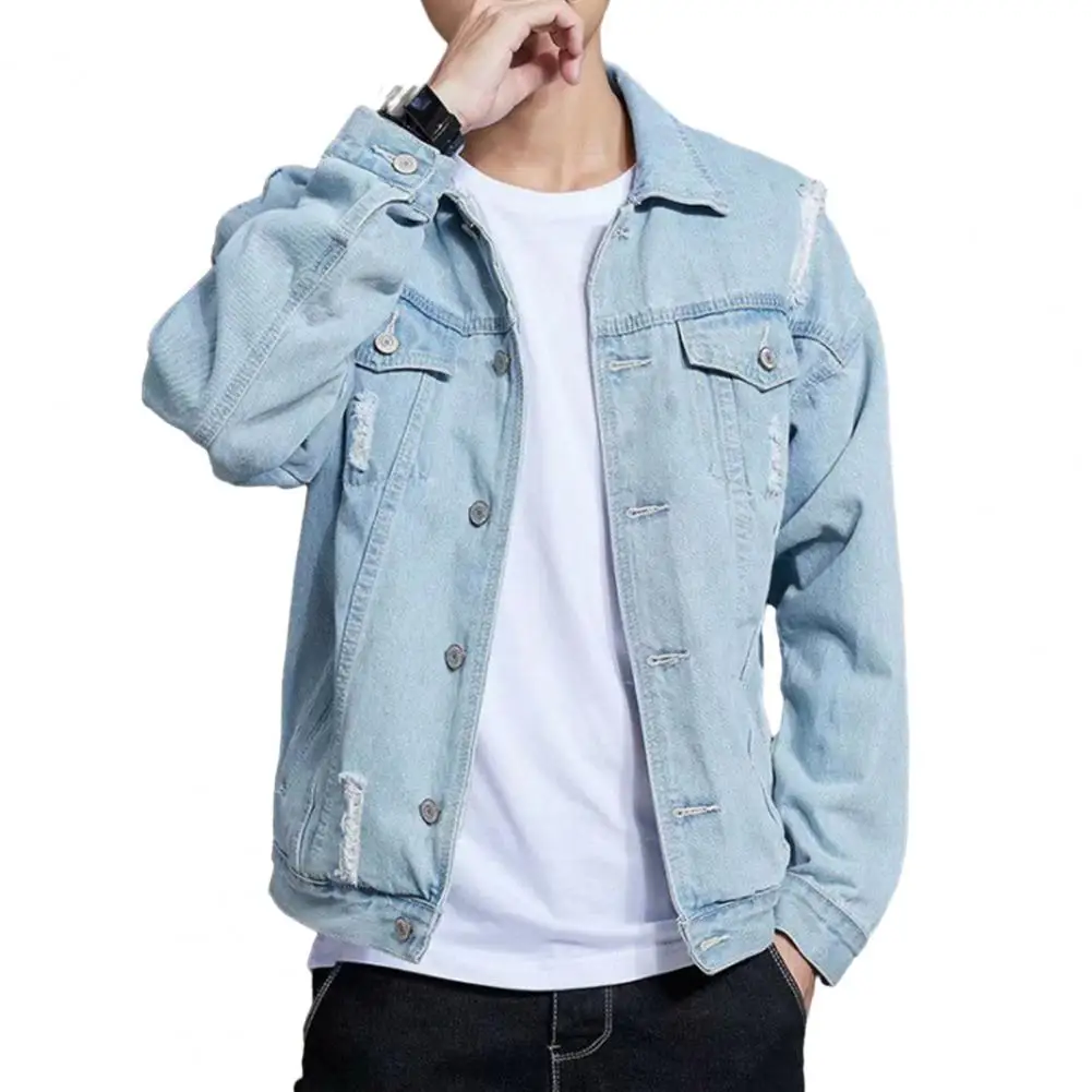 Men Patchwork Denim Jacket Men's Hooded Spring Coat with Color Matching Single-breasted Design Ripped Patch Pocket for Loose