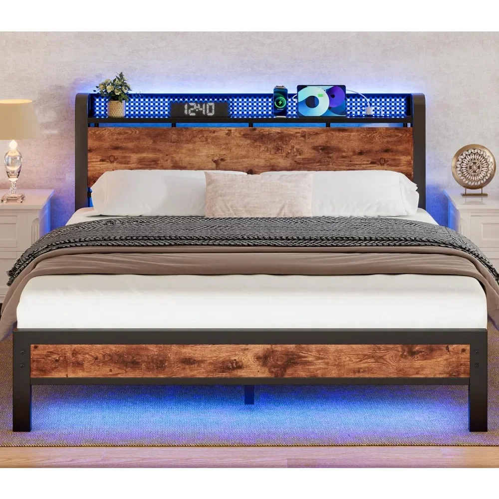 

King Size Bed Frame with LED Light,Industrial Storage Shelf Headboard with Power Outlet and USB Port Metal Platform Bedframe