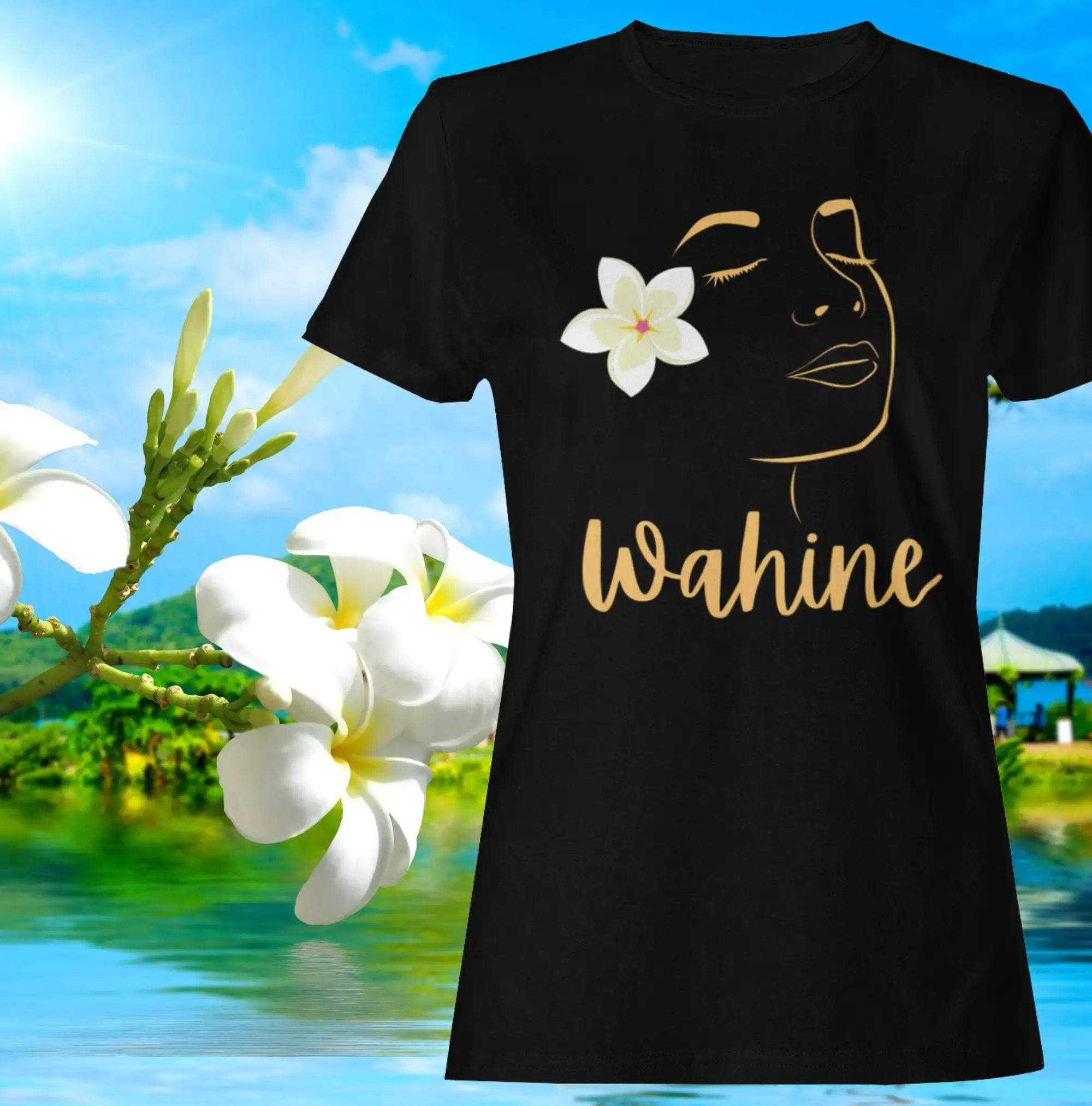 

Wahine Plumeria T Shirt Single Looking for Love Right Ear White Flower Olelo Hawaii Coconut Memories