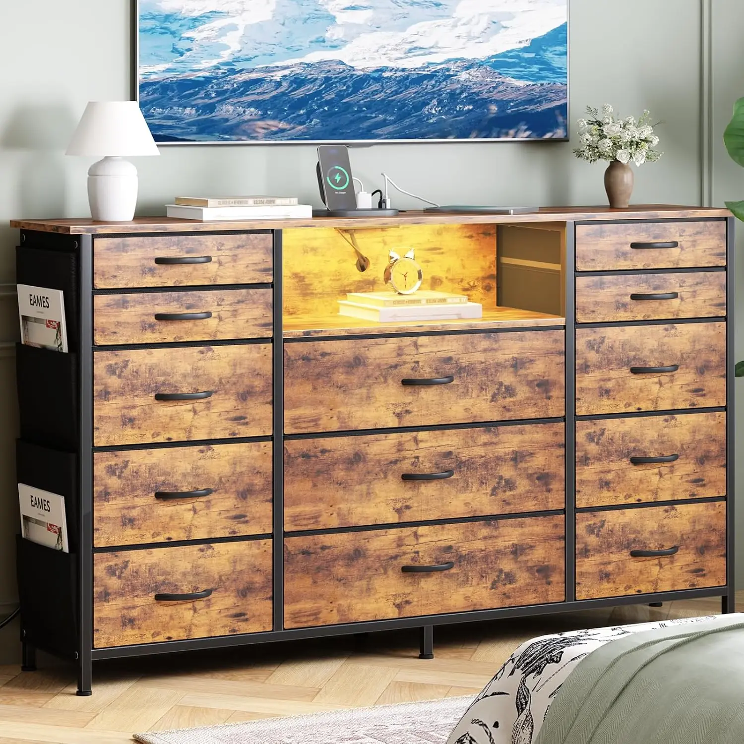 

Dresser for Bedroom with 13 Drawers, 47 Inch Fabric Dresser with Remote Control Lights, Side Pockets & Hooks for Closet or La