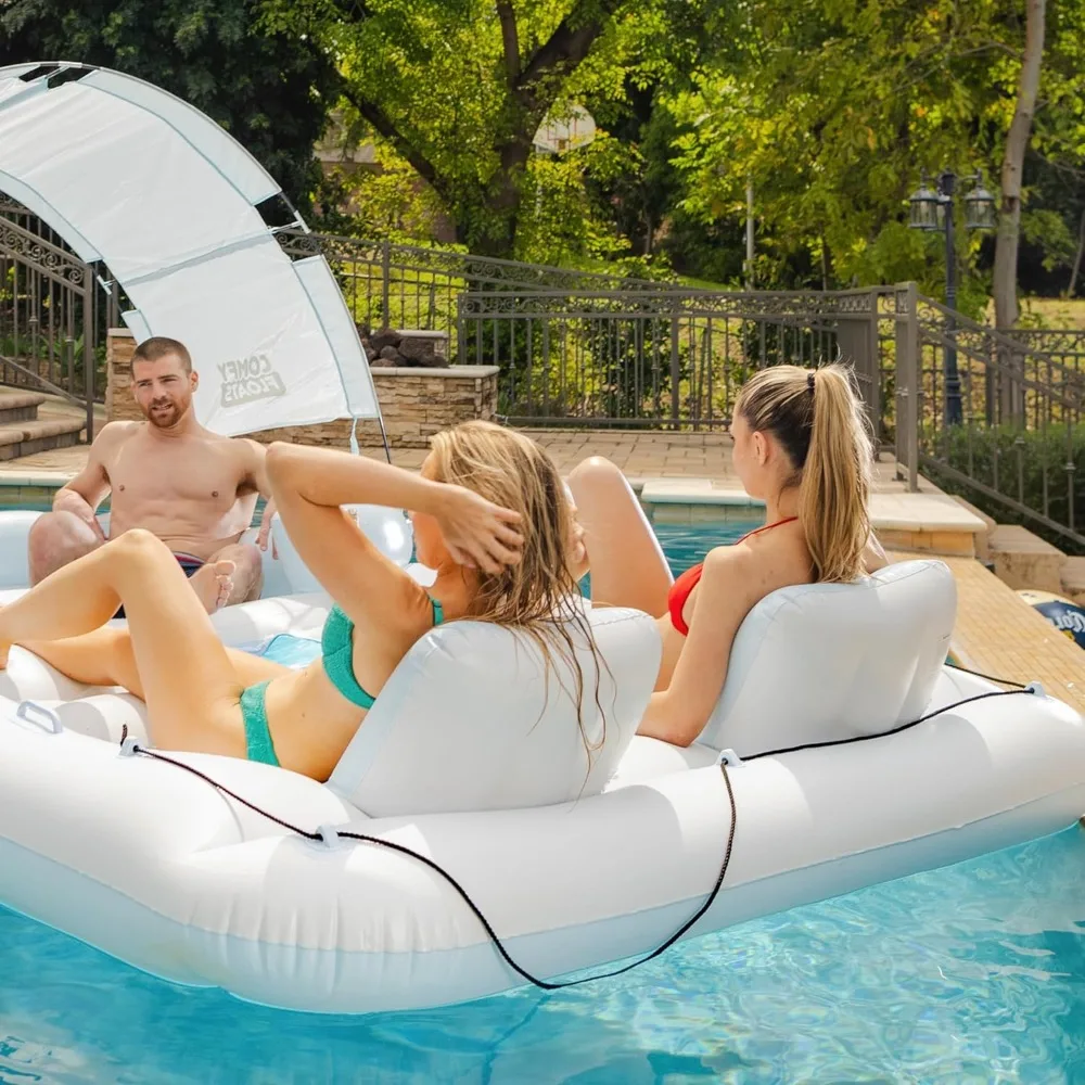 Flotteur de fête gonflable confortable, île de fête, flotteur d'eau, chaise longue avec 6 porte-gobelets, dossiers et poignées amovibles, 4 hypothèques