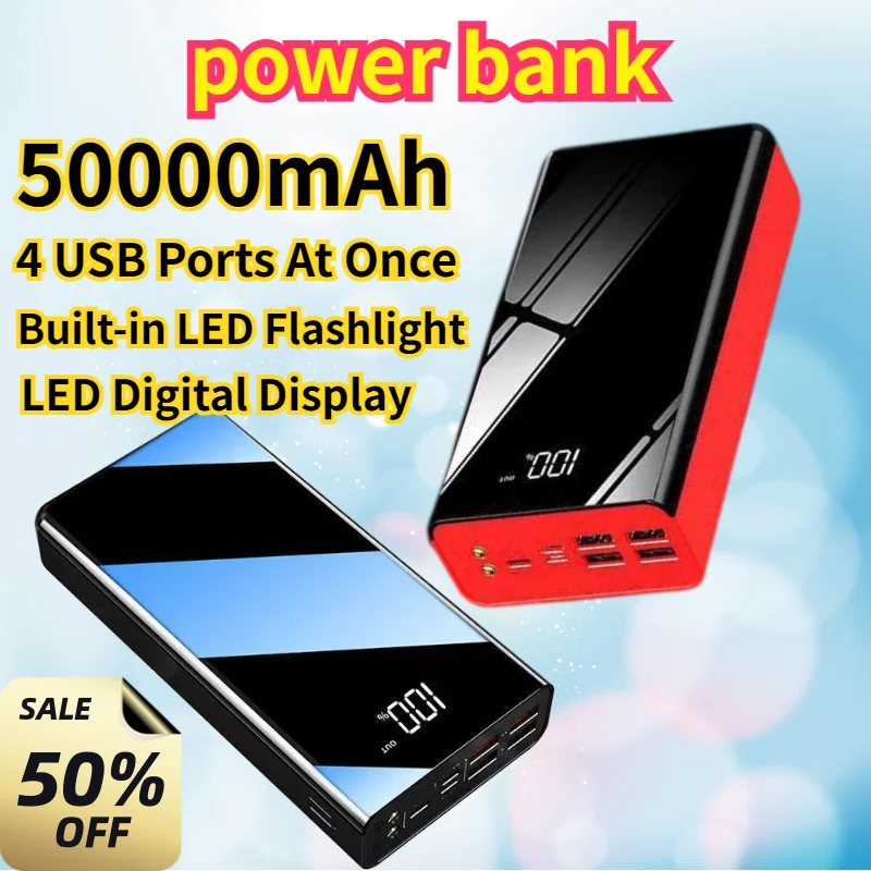 PowerBank 50000mAh Portable Charger 4 USB External Battery Pack PowerBanks LED Flashlight for IPhone Samsung High Capacity