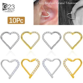 10pcs ASTM F136 Titanium Daith Heart Earring Hoop Cartilage Tragus Helix Rings Hinged Segment Hoop with Clear CZ