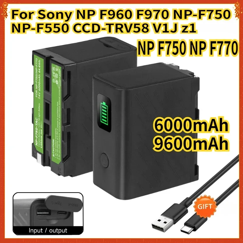 SWZY 6000/9600mAh NP F750 NP F770 LED Power Indicator Battery with Type C Port for Sony NP F960 F970 NP-F750 NP-F550 CCD-TRV58 V