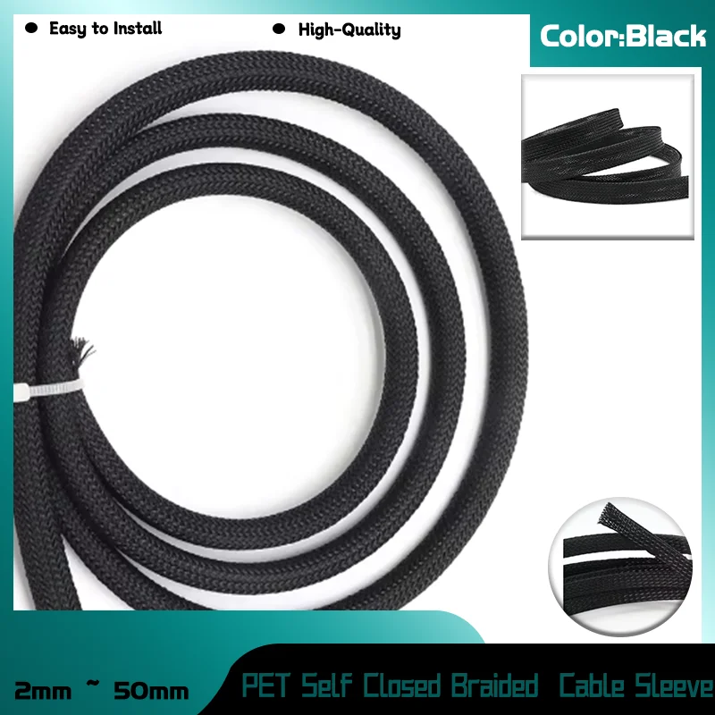 

PET Braided Expandable Cable Sleeve 2mm ~ 50mm Flexible Self Closed Insulated Wrap Pipe Tube Line Protector Wire Organizer Black