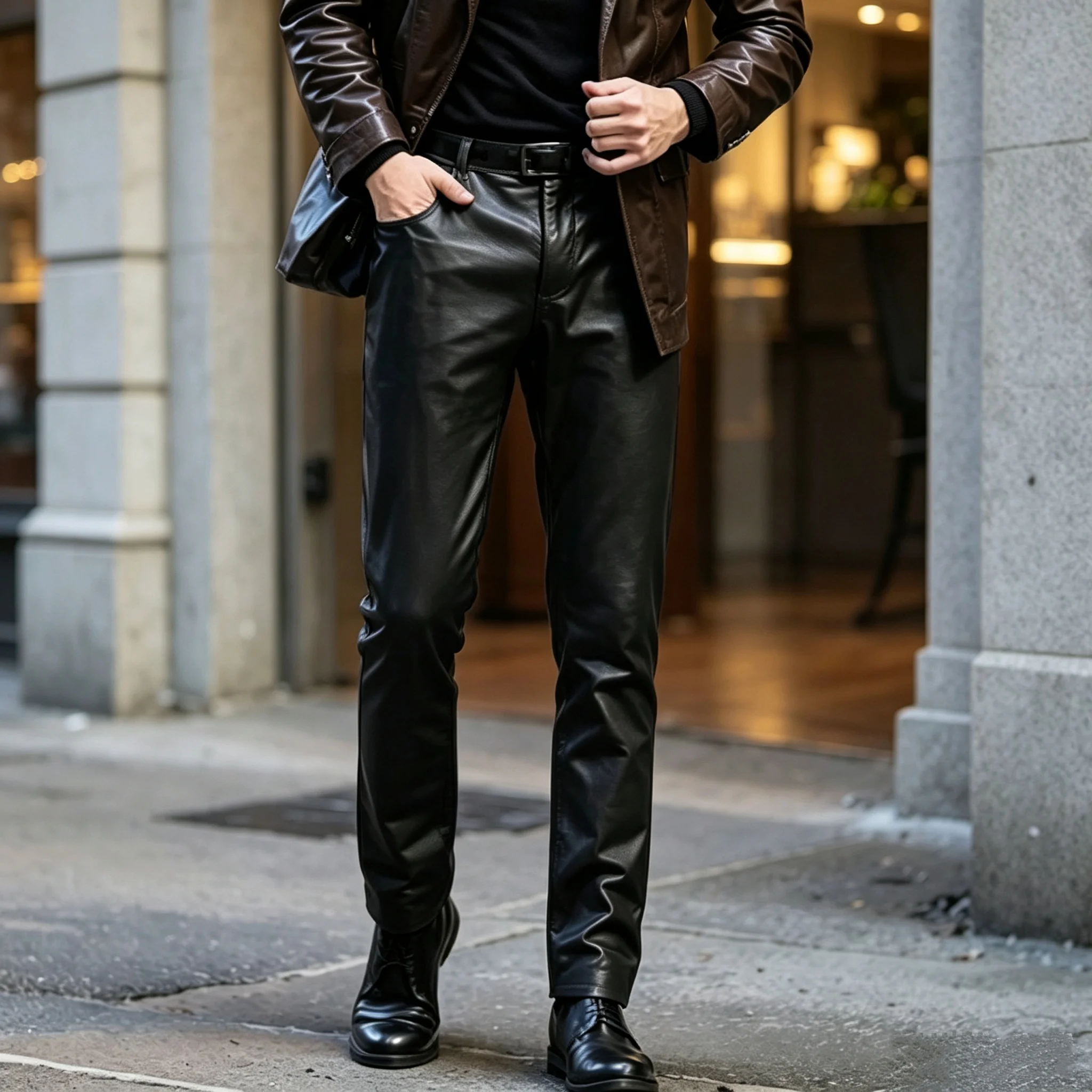 -pu-leather-men's-pants-faux-leather-straight-leg-tight-fitt-trousers-elastic-waist-business-casual-streetwear-rock-motorcycle