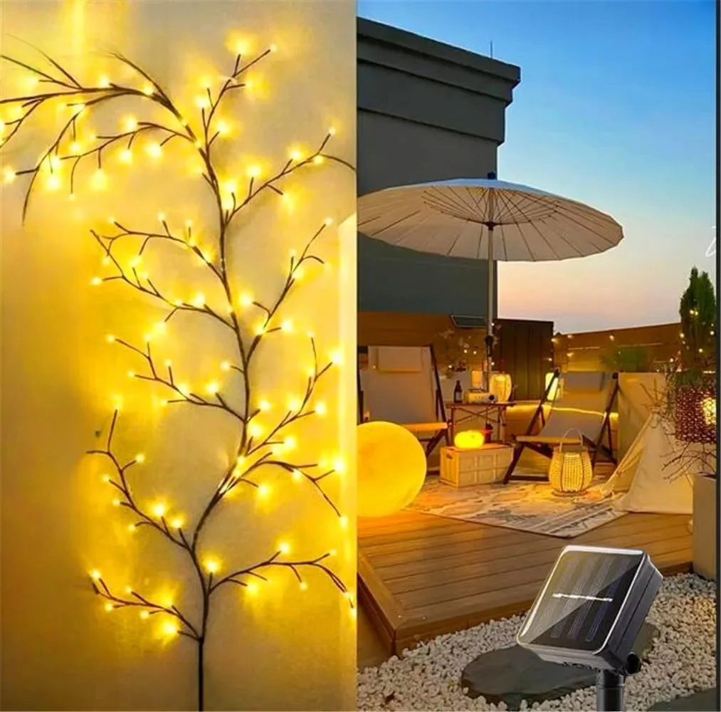 96 LEDS Solar Willow Vine Light Outdoor Waterproof String Fairy Light 8 Lighting Modes For Wall Balcony Garden DIY Decorations