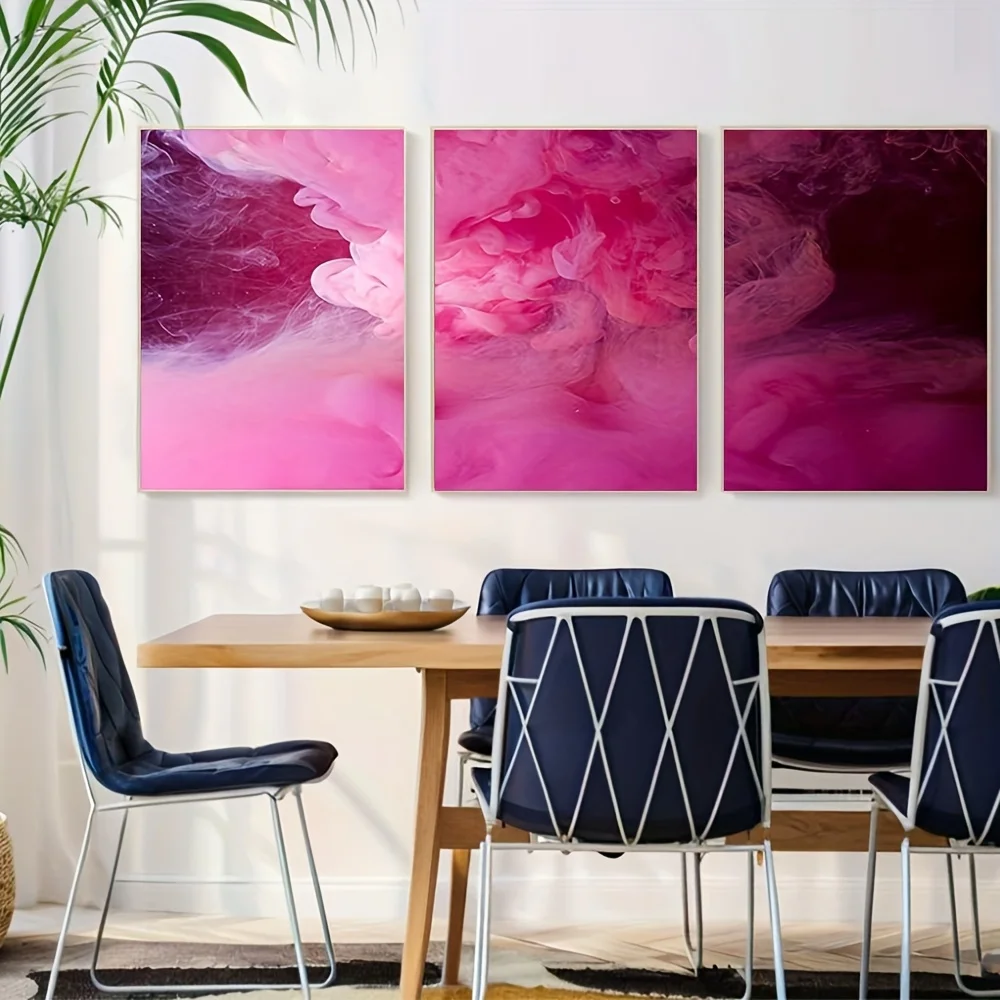 2D Flat, 2D Flat, Set of 3 Unframed 2D Flat Art Prints Featuring Pink Smoke in a Triptych Style, Showcasing Scandi Geometric