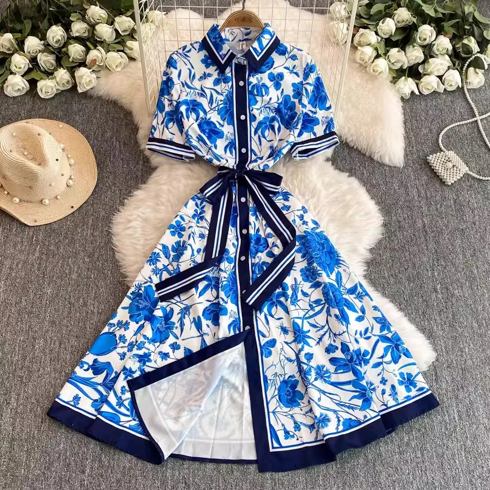 

Summer Runway Shirt Dress Women's Orange Striped Short Sleeves Vintage Belt Bow Tie Collar Chain Printing Casual Midi Vestidos