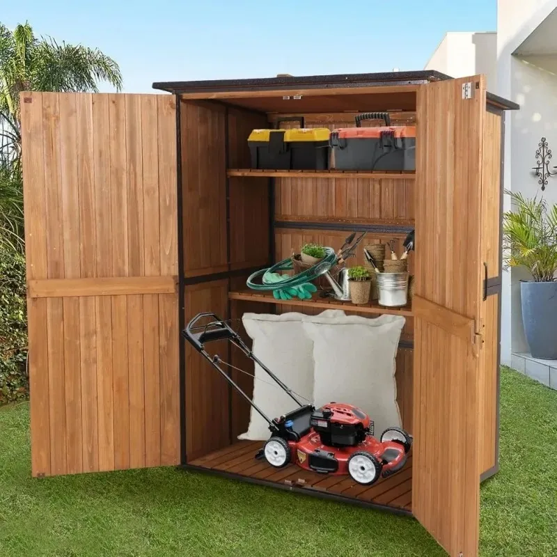 4.6x2.42 Foot Outdoor Storage Shed, Surrounded By Metal Frame with Adjustable Shelves, Wooden Tool Room Outdoor Storage Shed