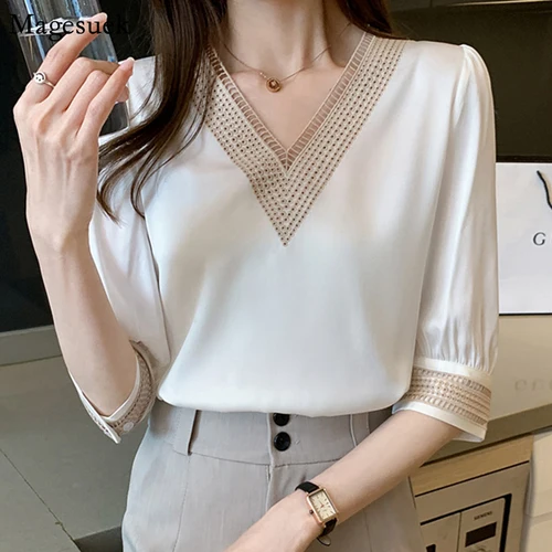 Imagen 2 del producto Blusas bordadas de media manga de encaje blanco para mujer, Tops holgados de gasa con cuello en V, camisa elegante para oficina para mujer 2024 13366