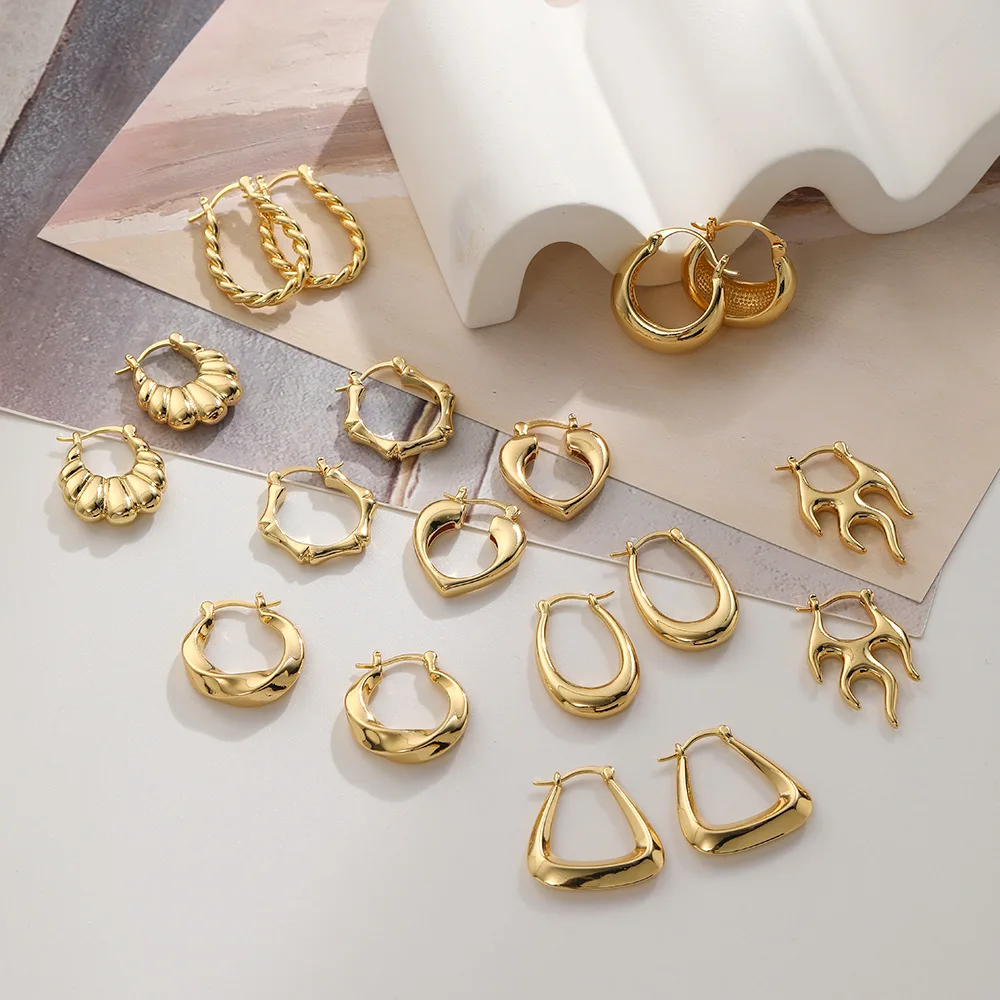 Vintage Trendy 14K gold color Hoop Earrings for Women Simple geometric Earring Waterproof Ear Piercing Jewelry Birthday Gifts