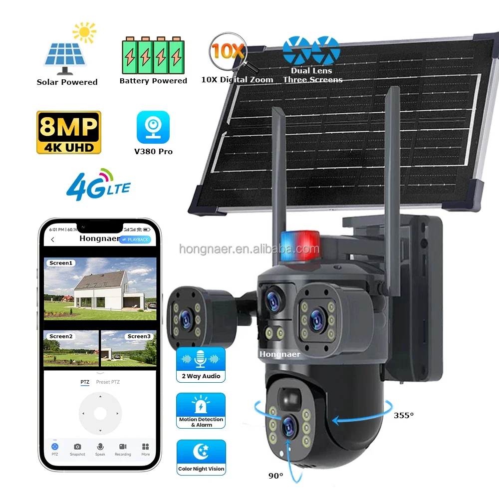 

2026 Hongnaer 8MP 3 Video Dual Lens Wireless Solar Power Surveil Camera V380 Pro 4K Outdoor Security 4G Sim Card CCTV 4G Solar C