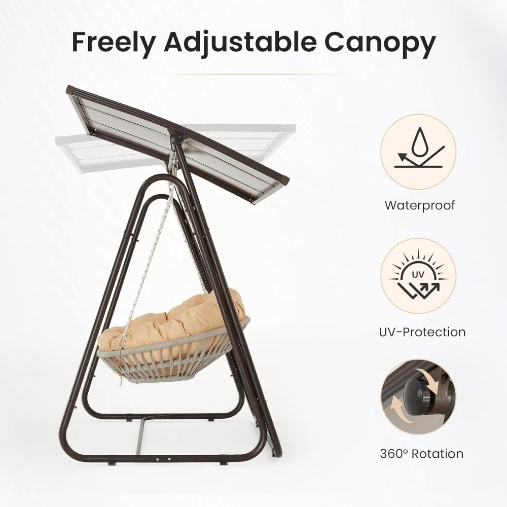 أرجوحة الشرفة الخارجية لشخصين مع مظلة صلبة قابلة للتعديل، وسائد سميكة 5.9 بوصة، كرسي أرجوحة من الخيزران المقاوم للطقس مع
