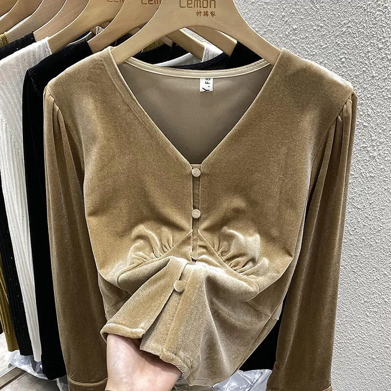 Casual Shirts Golden Velvet Autumn Spring Fashion Pure Color Deep V-neck Bottomed Bubble Sleeve Female Blouse Free Shipping