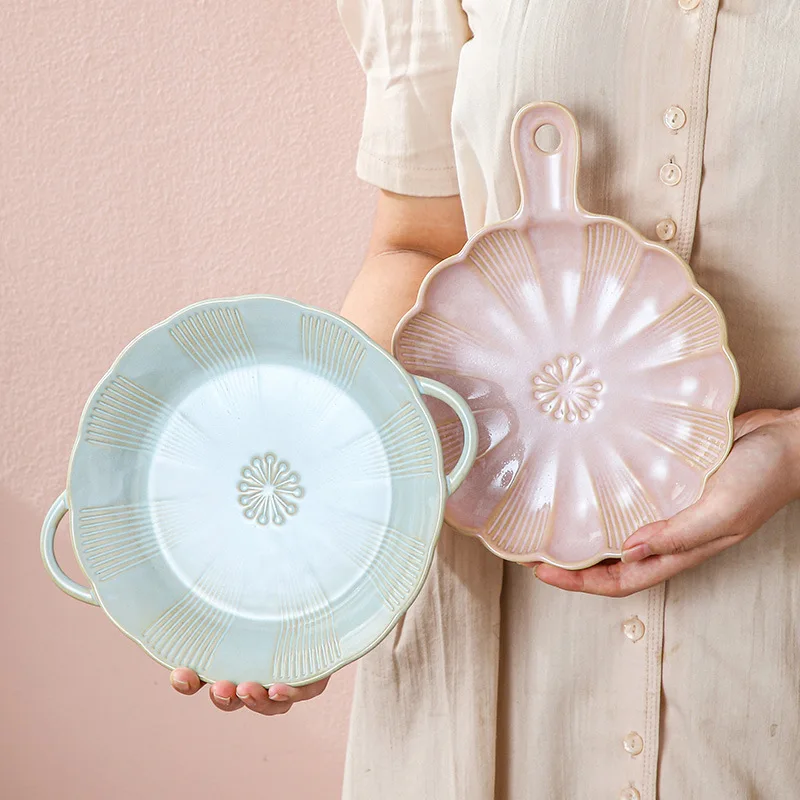 

Sakura Relief Double Ear Circular Plate,Kiln Altered Glaze Solid Color Ceramic Home Soup Bowl,Dining Table Atmosphere Tableware