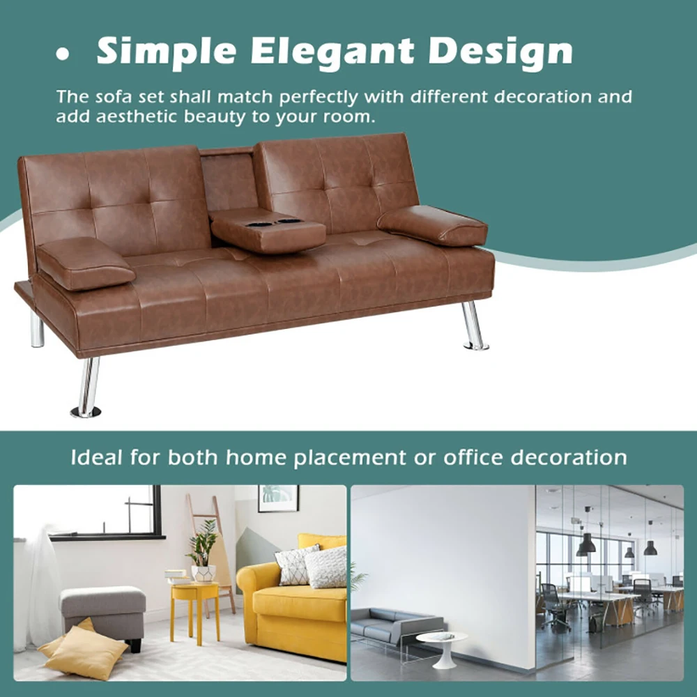 Finer Materials Higher Softness Convertible Folding Leather Futon Sofa with Cup Holders and Armrests image 6